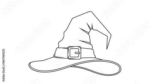 A simple black and white line art drawing of a classic pointed witch hat with a large buckle, perfect for a Halloween coloring page.