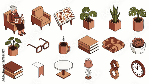 Isometric set of cozy home elements for comfortable living and relaxation. Includes an elderly woman reading, armchair, books, plants, coffee, and decor items.