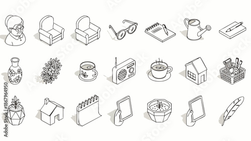 Collection of isometric line art icons depicting various everyday objects, home items, and lifestyle elements. Perfect for web design and apps.