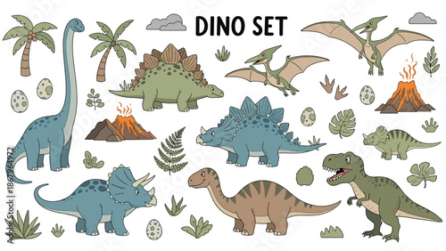 A large hand-drawn dinosaur set featuring various species like T-Rex, Stegosaurus, and Brachiosaurus, along with prehistoric plants and volcanoes.