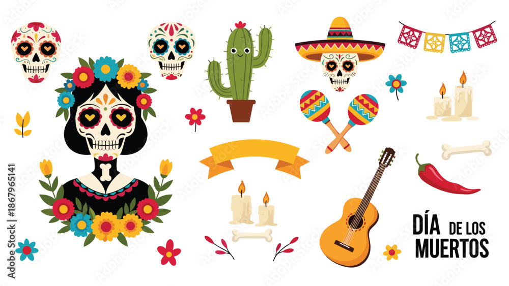 Fototapeta premium A vibrant collection of traditional Dia de los Muertos (Day of the Dead) symbols, including sugar skulls, Catrina, and marigolds.