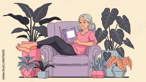 Happy senior woman enjoying quiet time reading a book in her cozy living room, surrounded by a variety of potted indoor plants.