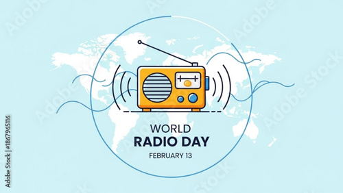 Vibrant illustration of a yellow radio on a globe for world radio day on february 13th