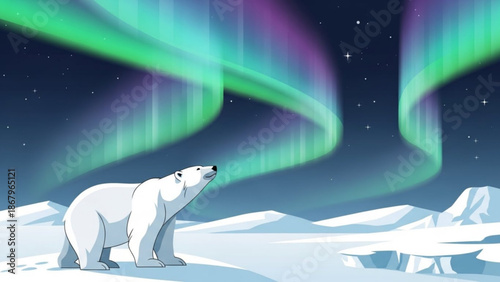 A polar bear stands on snowy ground looking up at the vibrant green and purple swirling