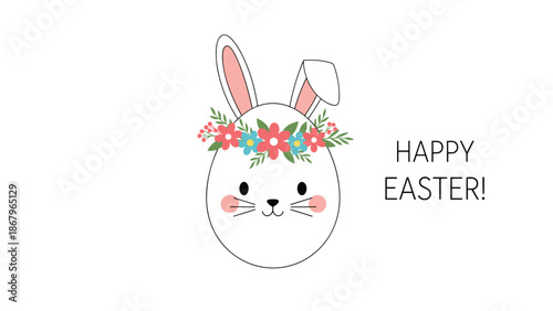 A minimalist and cute 'Happy Easter' greeting card featuring an Easter egg decorated as a bunny with ears and a floral crown.