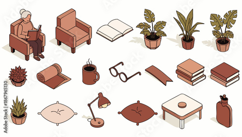 Isometric illustrations of cozy home objects and activities for reading and relaxation, featuring a woman, books, plants, and comfortable furniture.