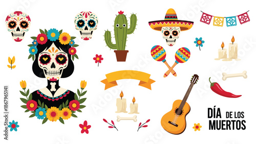 A vibrant collection of traditional Dia de los Muertos (Day of the Dead) symbols, including sugar skulls, Catrina, and marigolds.