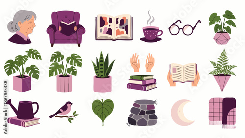 Cozy Home Lifestyle Elements Collection: Senior Woman Reading, Potted Plants, Books, Coffee, and Comforting Objects for Relaxation and Indoor Hobbies