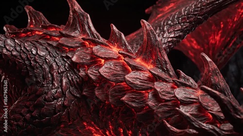 A detailed image of the back of a beast, with rocky scales and glowing embers