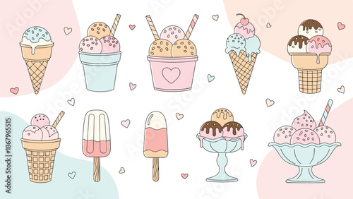 A cute collection of various ice cream treats in a pastel-colored dashed line style, including cones, popsicles, and sundaes.