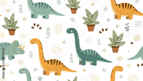 A cute and seamless pattern for children featuring colorful dinosaurs, potted ferns, and abstract shapes on a clean white background.
