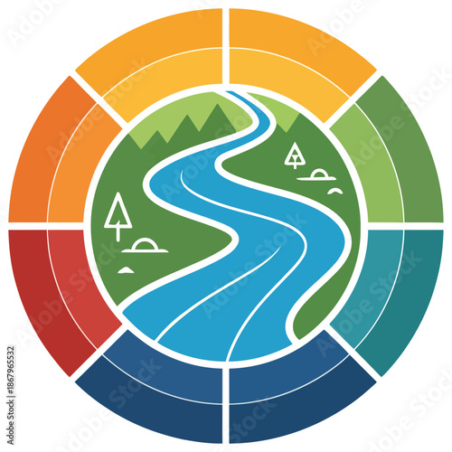 A colorful circular vector graphic illustrating a winding river in nature