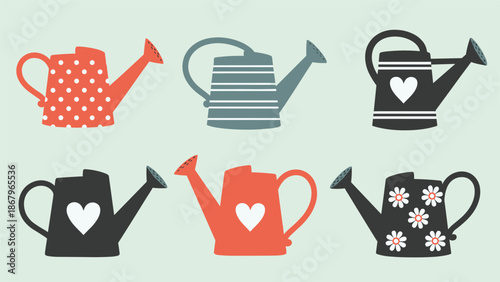 A set of six decorative watering can silhouettes with various patterns like polka dots, stripes, hearts, and daisies for gardening designs.
