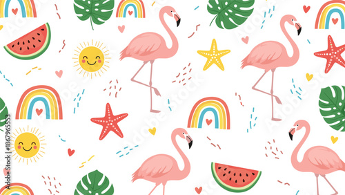 A cheerful and seamless summer pattern with pink flamingos, rainbows, smiling suns, and watermelon slices on a white background.