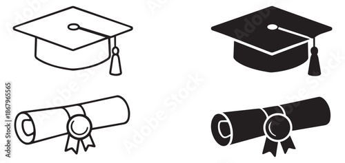 Line art and solid graduation icon set featuring academic caps and diplomas for educational achievement