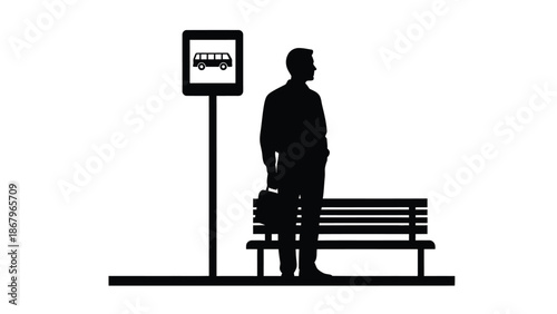 Silhouette of a professional man waiting patiently at a public bus stop bench near a transportation sign anticipating the arrival of his ride for the day's journey