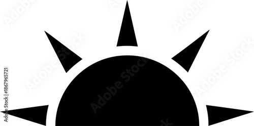 A stylized black sun icon with sharp rays on a white background