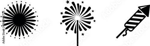 Fireworks explosions and rocket silhouette illustrations