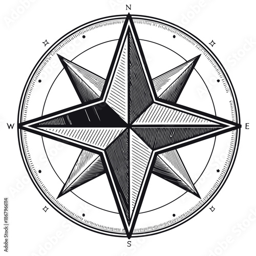 A black and white vector graphic of a star compass rose