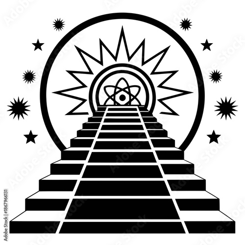 A minimalist vector illustration of a staircase leading to an atomic sun symbol