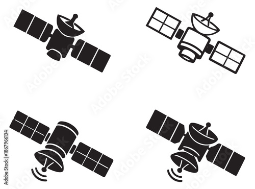 Simple graphic satellite icon set featuring various communication and space designs for technology and global networking
