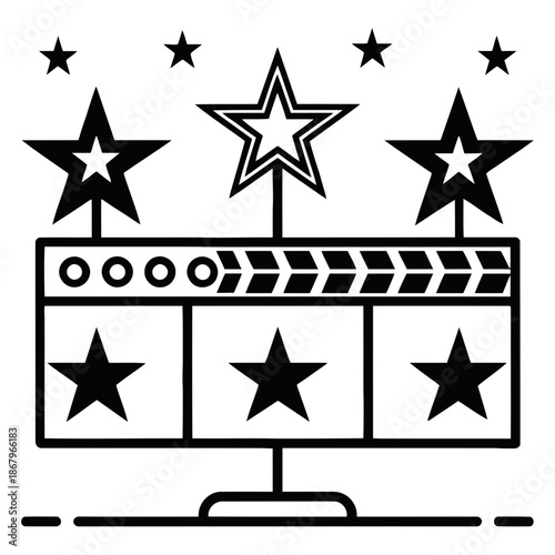 A minimalist vector graphic of a film award with stars and a clapperboard