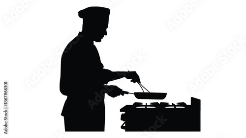 Silhouette of a professional chef in full uniform skillfully cooking food in a frying pan over a gas stove burner creating a dynamic culinary scene for food service design