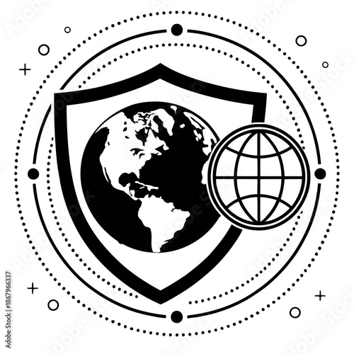A black and white vector graphic of a shield protecting the Earth