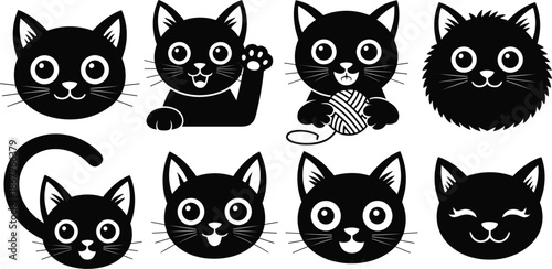 Collection of eight black silhouette cartoon cat faces and figures kitten feline