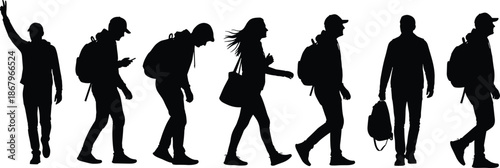 Traveler silhouettes with backpacks walking in different poses, tourists and hikers journey lifestyle concept illustration isolated on white background