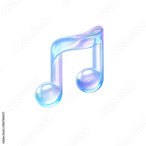 Iridescent music note icon on transparent background, glossy 3d holographic gradient, glassy sticker symbol for audio app ui, sound design and media branding
