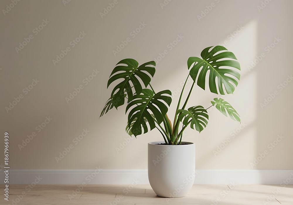 Fototapeta premium Minimal Monstera Plant Against Neutral Wall — Fresh Green Botanical Interior Decor Photography for Calm Natural Design and Modern Home Styling