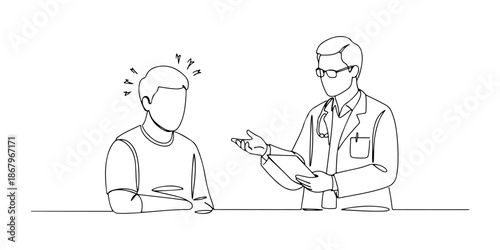 Continuous one line of a patient shaking his head while the doctor explains, representing concern in health care, drawn vector illustration.