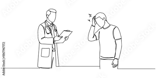Continuous one line of a patient shaking his head while the doctor explains, representing concern in health care, drawn vector illustration.