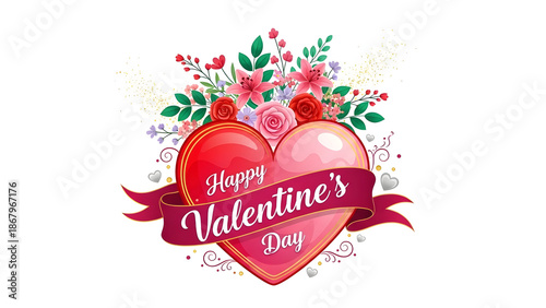 A glossy heart shape with a flower bouquet and ribbon banner displays the Happy Valentine's Day text