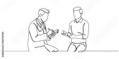 Continuous one line of a doctor writing notes while a patient speaks, symbolizing patient record keeping, drawn vector illustration.