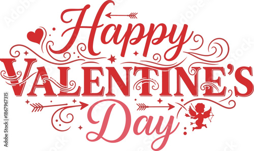 Valentines Day Greeting with Red Heart and Arrows on White Background