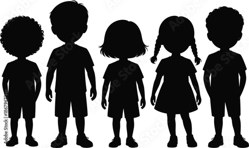 Diverse Children Silhouettes Standing Together On White Background kids