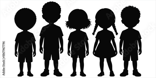 Diverse Group of Children Silhouettes Standing Together on White Background vector