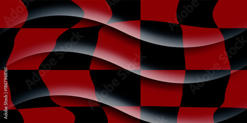 Trippy checkerboard background. Retro psychedelic checkered wallpaper. Wavy groovy chessboard surface.