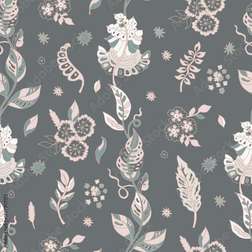 Charcoal Cottage Garden Floral Vine Pattern