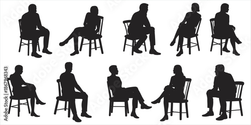 Diverse Silhouettes Of People Sitting On Chairs In Various Poses On White Background vector illustration