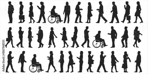 Diverse Silhouettes of People Walking and in Wheelchairs in Profile woman