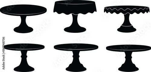 Black cake stand silhouettes vector set, dessert pedestal table collection, bakery display trays illustration isolated on white background for food presentation design