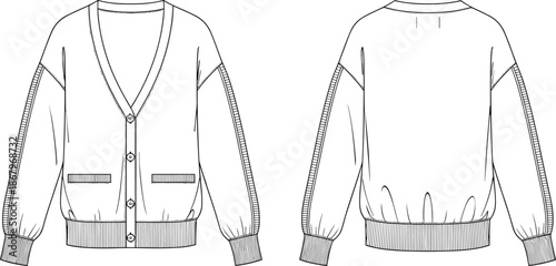 Cardigan sweater technical sketch, fashion flat vector, button-down knitwear design, garment construction CAD, sewing pattern, ribbed cuff illustration