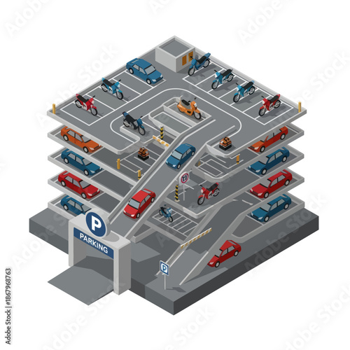 Multi Level Car Park with Vehicles.