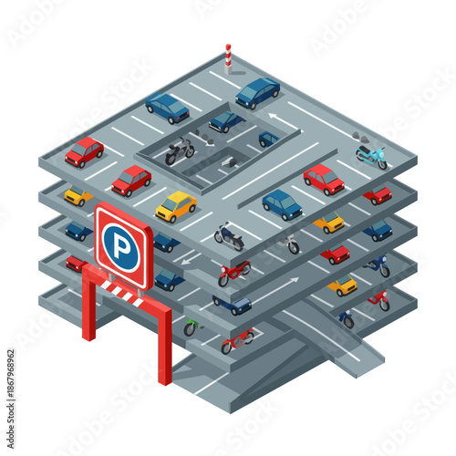 Multi Level Car Park with Vehicles.