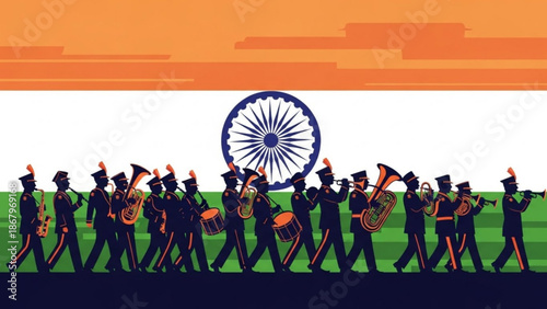 Indian Army Marching Band Performing on Indian Flag Background