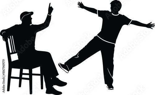 Grandfather sitting in chair sharing wisdom with grandson, young man balancing on one leg in playful exercise, silhouette vector illustration on white background.