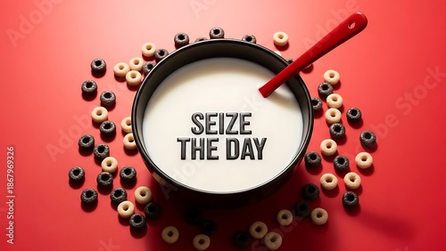 Breakfast bowl with milk and cereal on red background with seize the day text